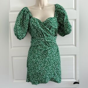 Cottagecore  Dainty Floral Wrap Mini Dress  Cotton Puff Sleeve Hudson Gray Large